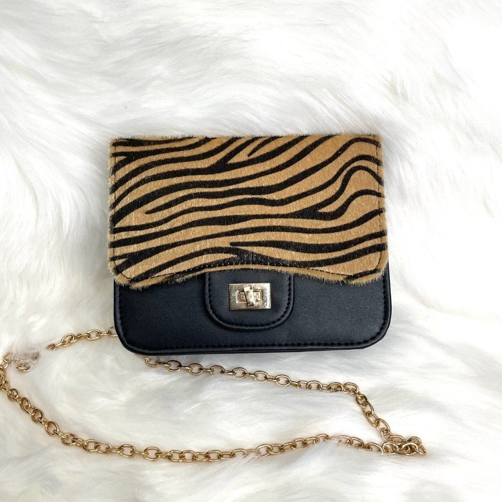Zebra Print Crossbody Bag Gold Chain